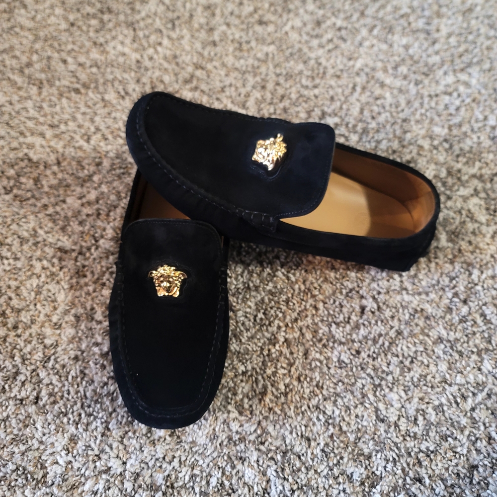 Versace Black Suede Loafers with Gold Medusa Accent - Picture 3 of 5